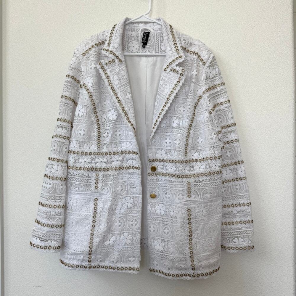 BEREK Eyelet Embroidered Blazer White Gold Grommets Lace Jacket XL Statement